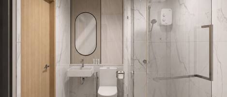 A modern bathroom with a wooden door, a round mirror, a toilet, and a glass-enclosed shower.