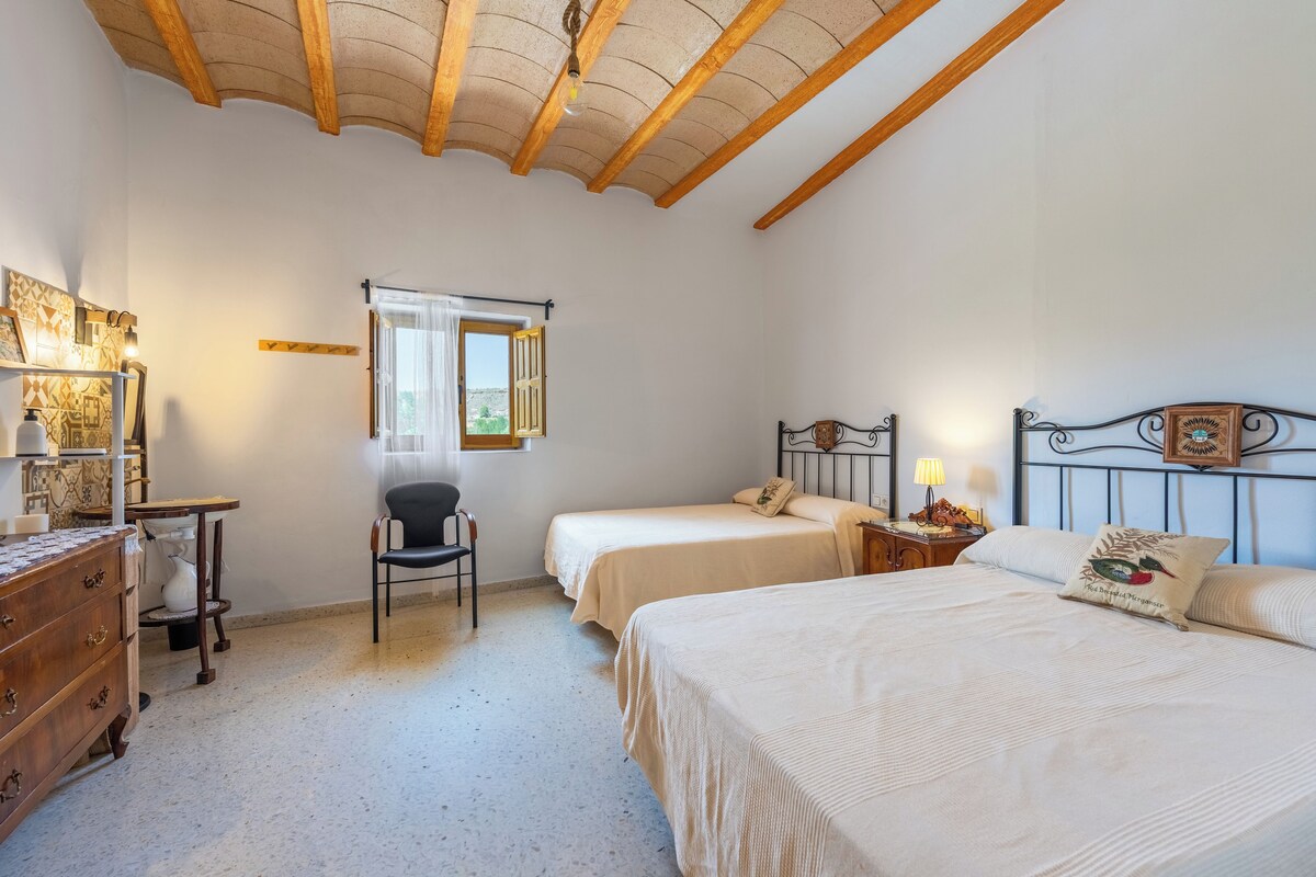 Chambre familiale avec lits jumeaux, vue sur la montagne | Espace de travail pour ordinateurs portables, fer et planche à repasser