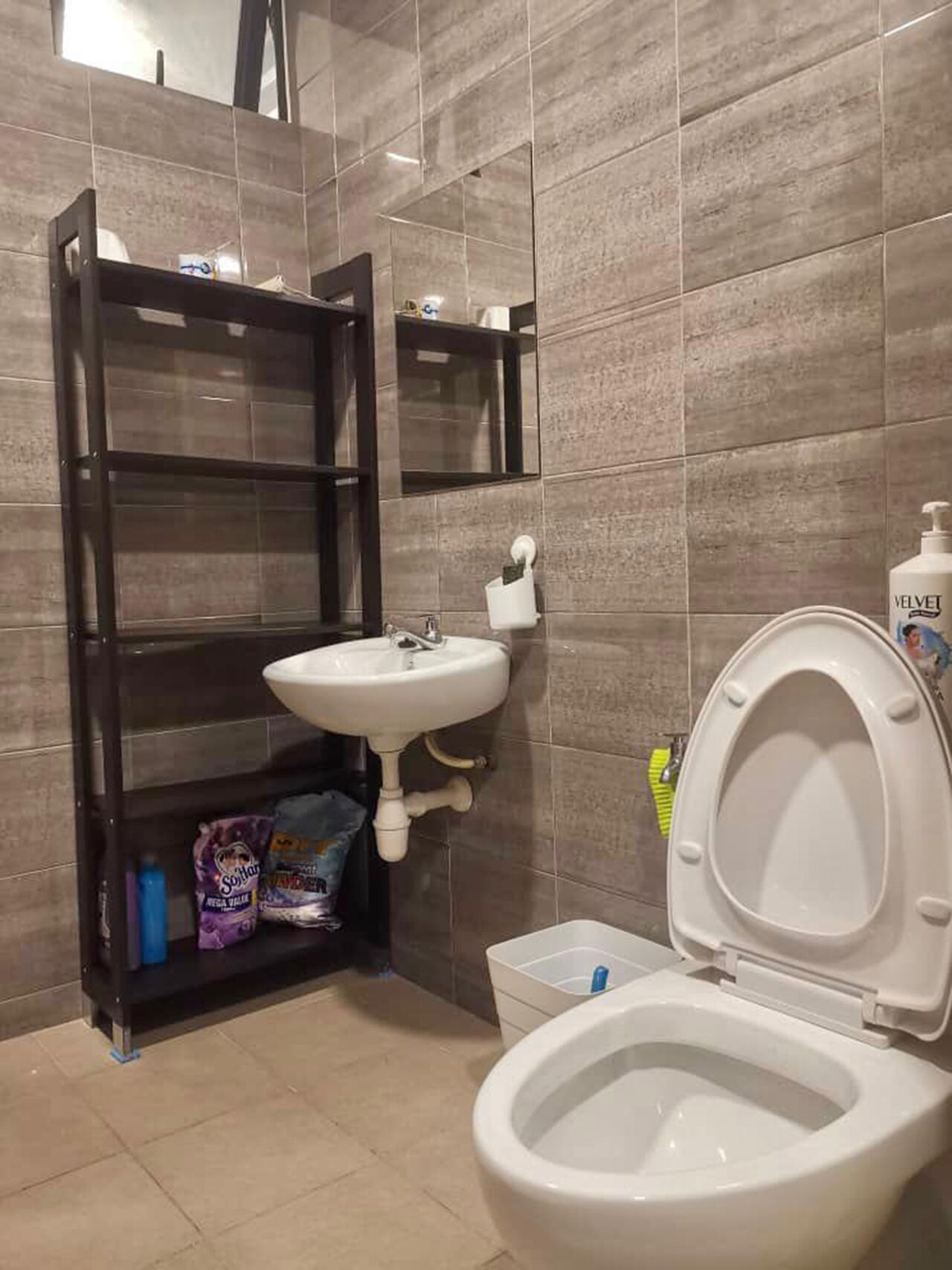 A bathroom with a toilet, a sink, and a shelf unit.