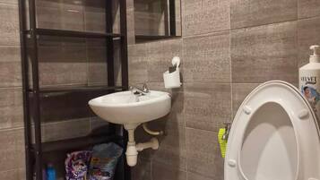 A bathroom with a toilet, a sink, and a shelf unit.