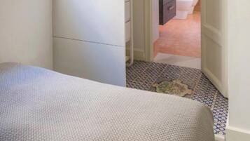 Una camera da letto con un letto, un armadio e una porta che dà su un bagno con il water e il lavandino.