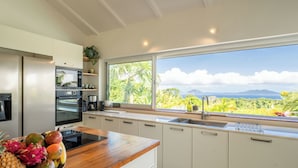 A modern kitchen with a large window, a fruit bowl on the counter, and a view of lush greenery and mountains.