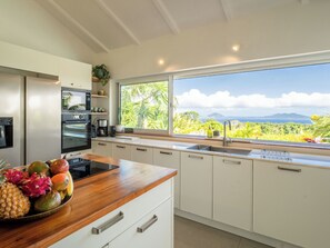 A modern kitchen with a large window, a fruit bowl on the counter, and a view of lush greenery and mountains. - Villa Bananes Rouges (Trois-Rivières)
