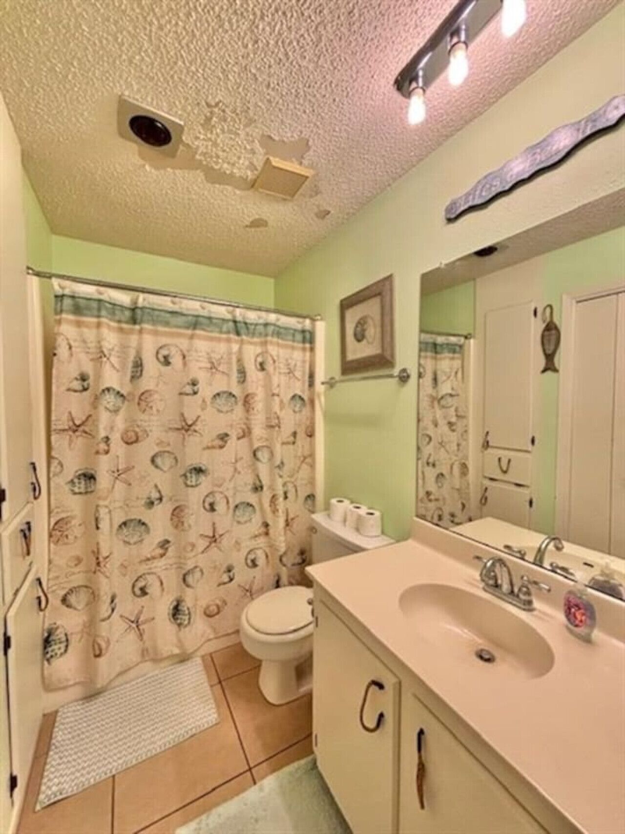 Un bagno con il water, un lavandino e una tenda per la doccia.