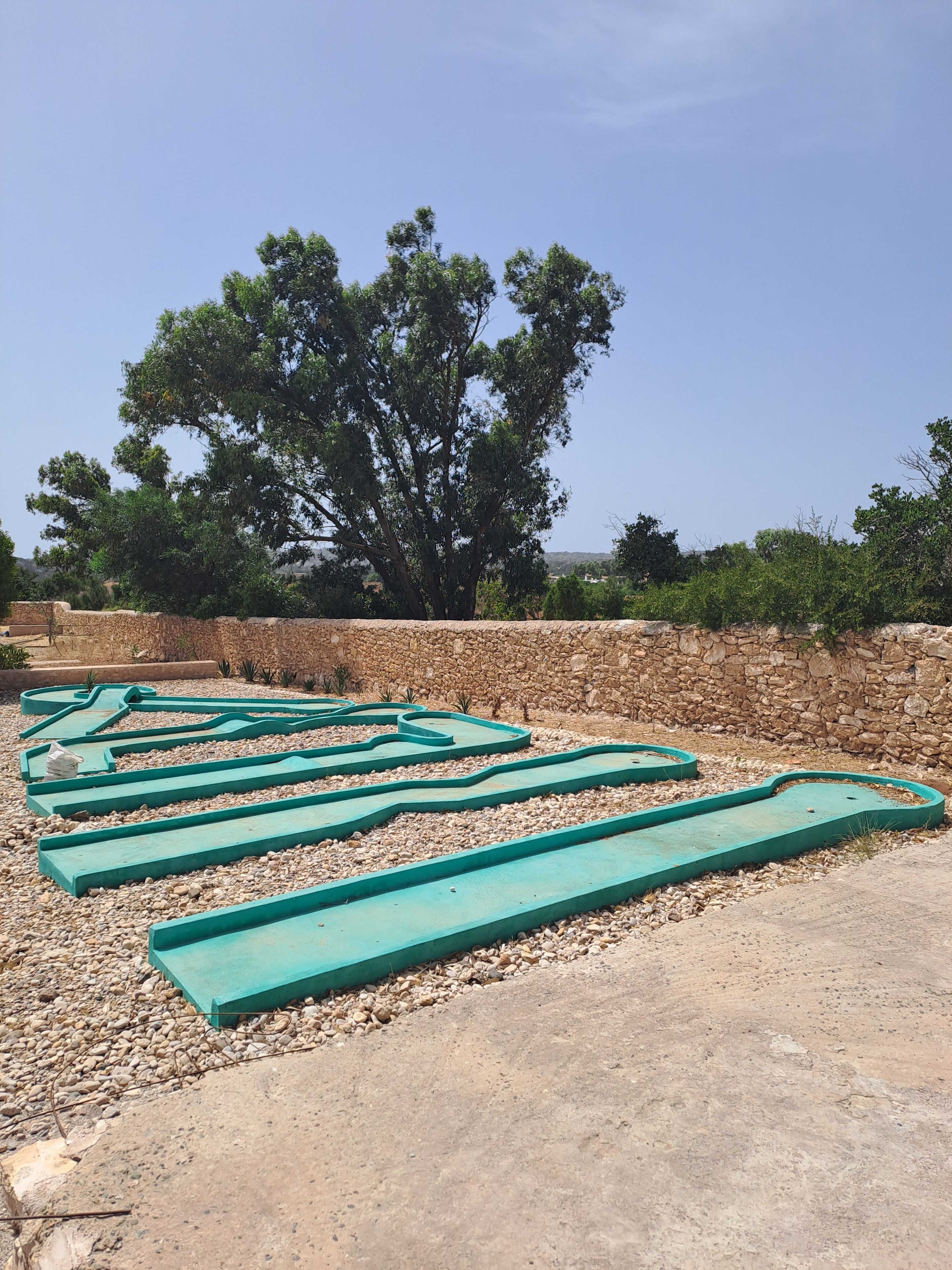 Une série de chemins verdoyants serpentent à travers un paysage aride et rocheux, avec un mur de pierres et des arbres en arrière-plan.