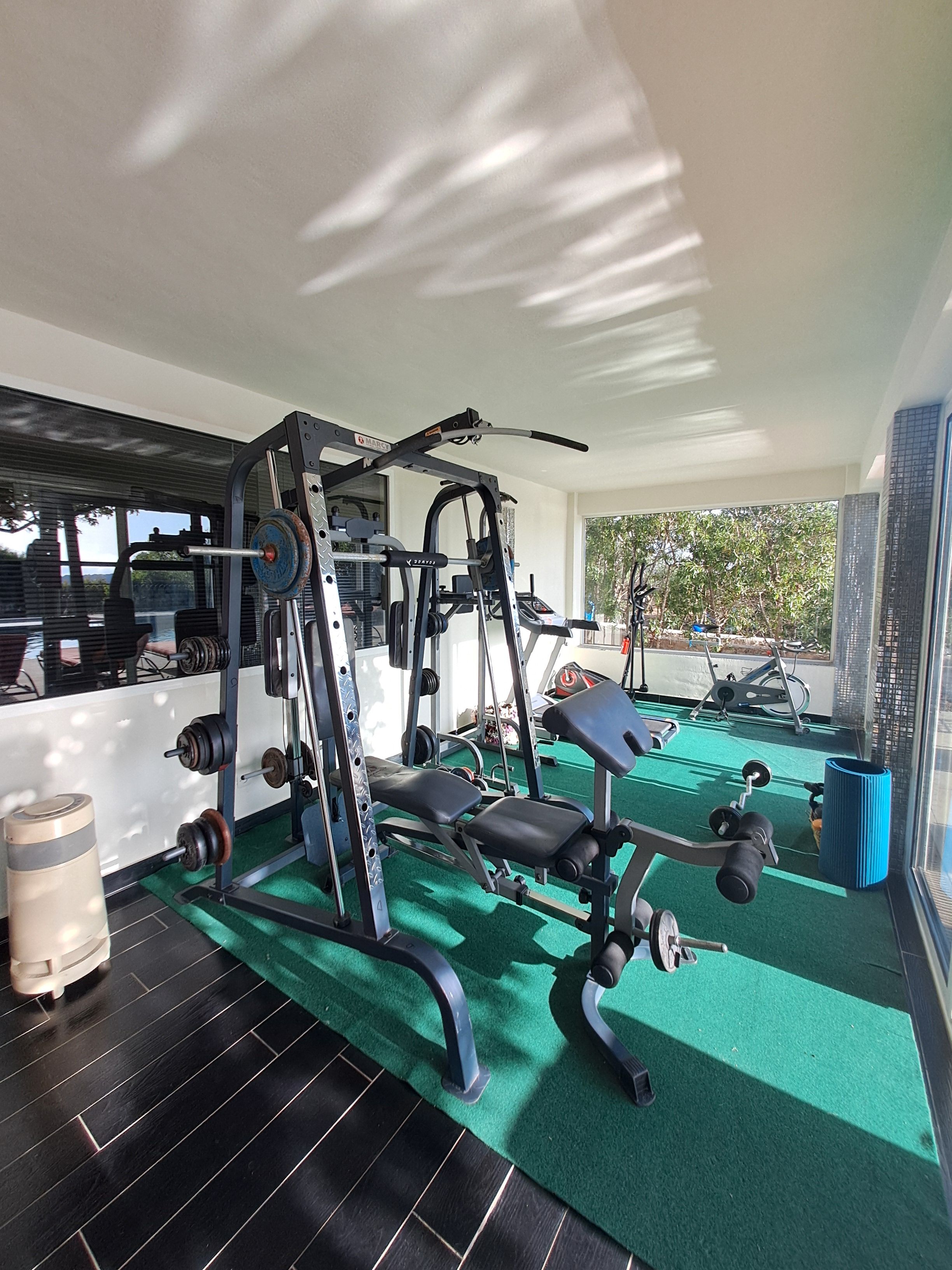 A gym with exercise equipment, a green floor, and a view of buildings outside.