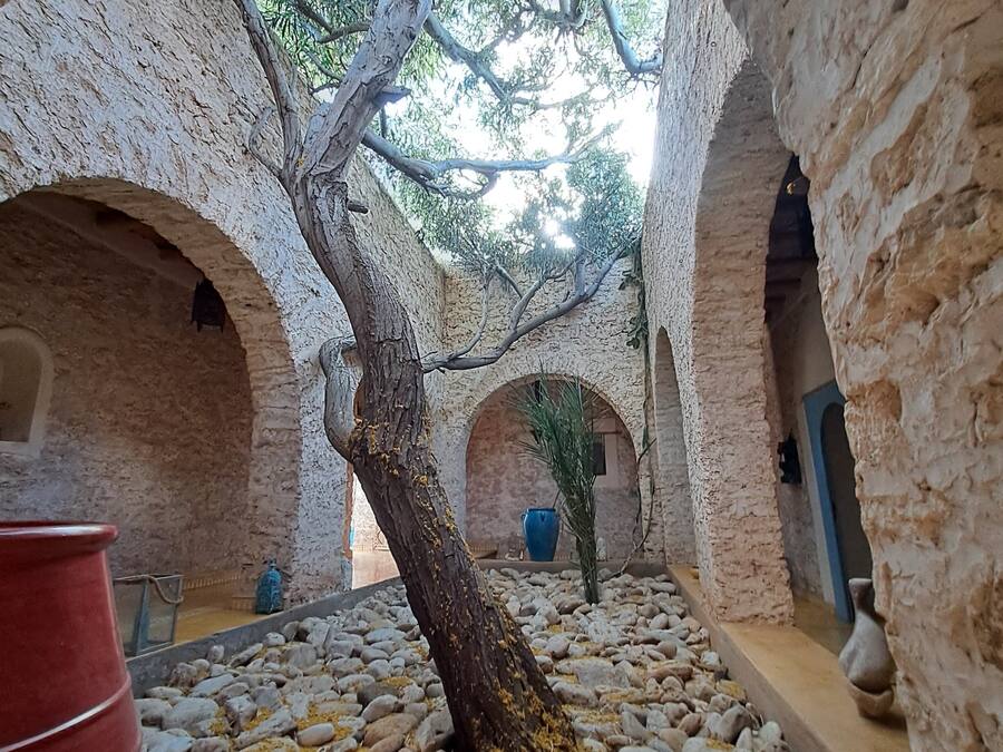 An arched stone structure with a tree in the center, surrounded by rocks and a red barrel.