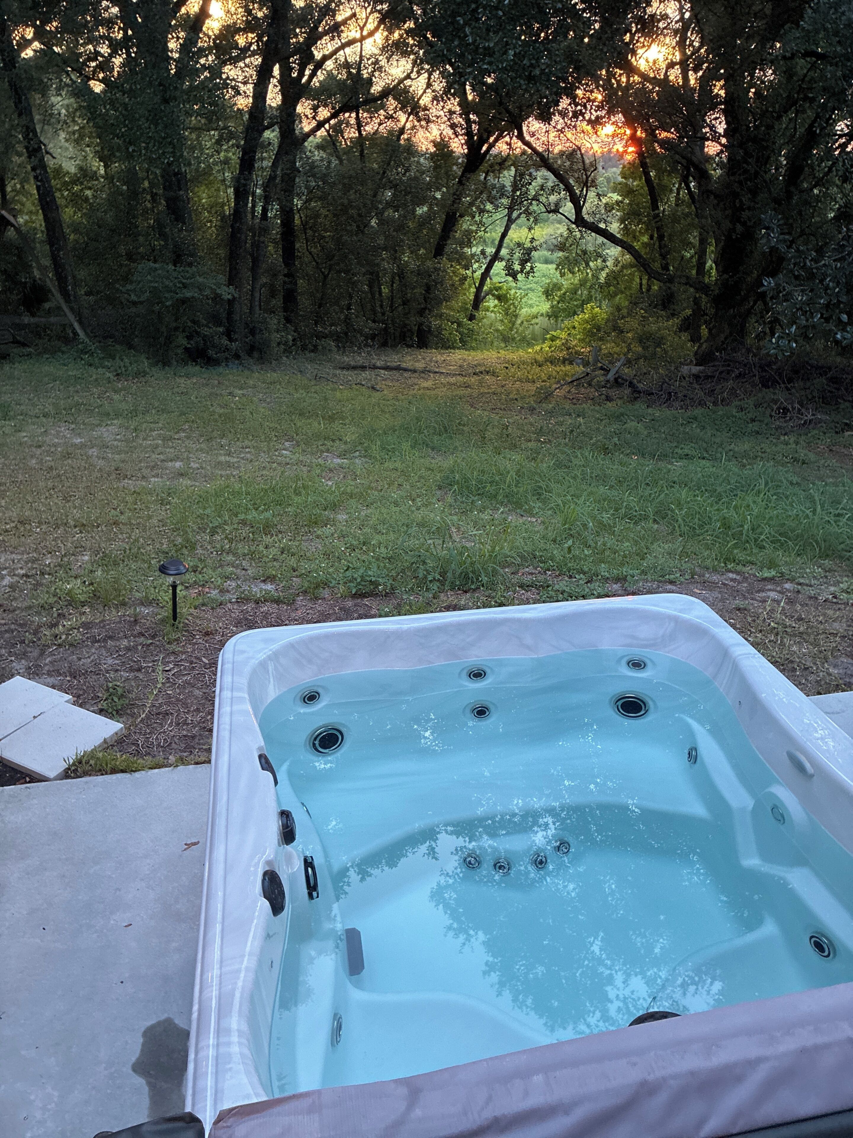 A hot tub in a grassy outdoor area with trees in the background.