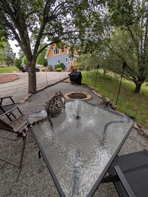Une terrasse avec une table à plateau de verre, une chaise et un chat.