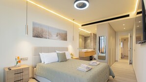 Une chambre à coucher moderne avec un grand lit, une table de chevet et un miroir.