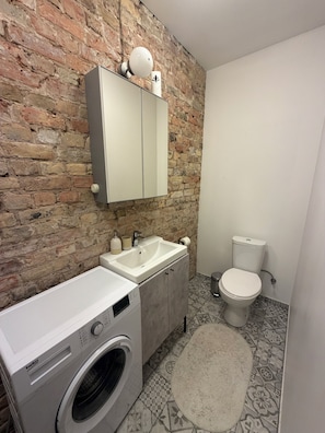 Secadora de cabello, toallas, jabón, papel de baño 