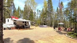A recreational vehicle (RV) parked in a campsite surrounded by trees.