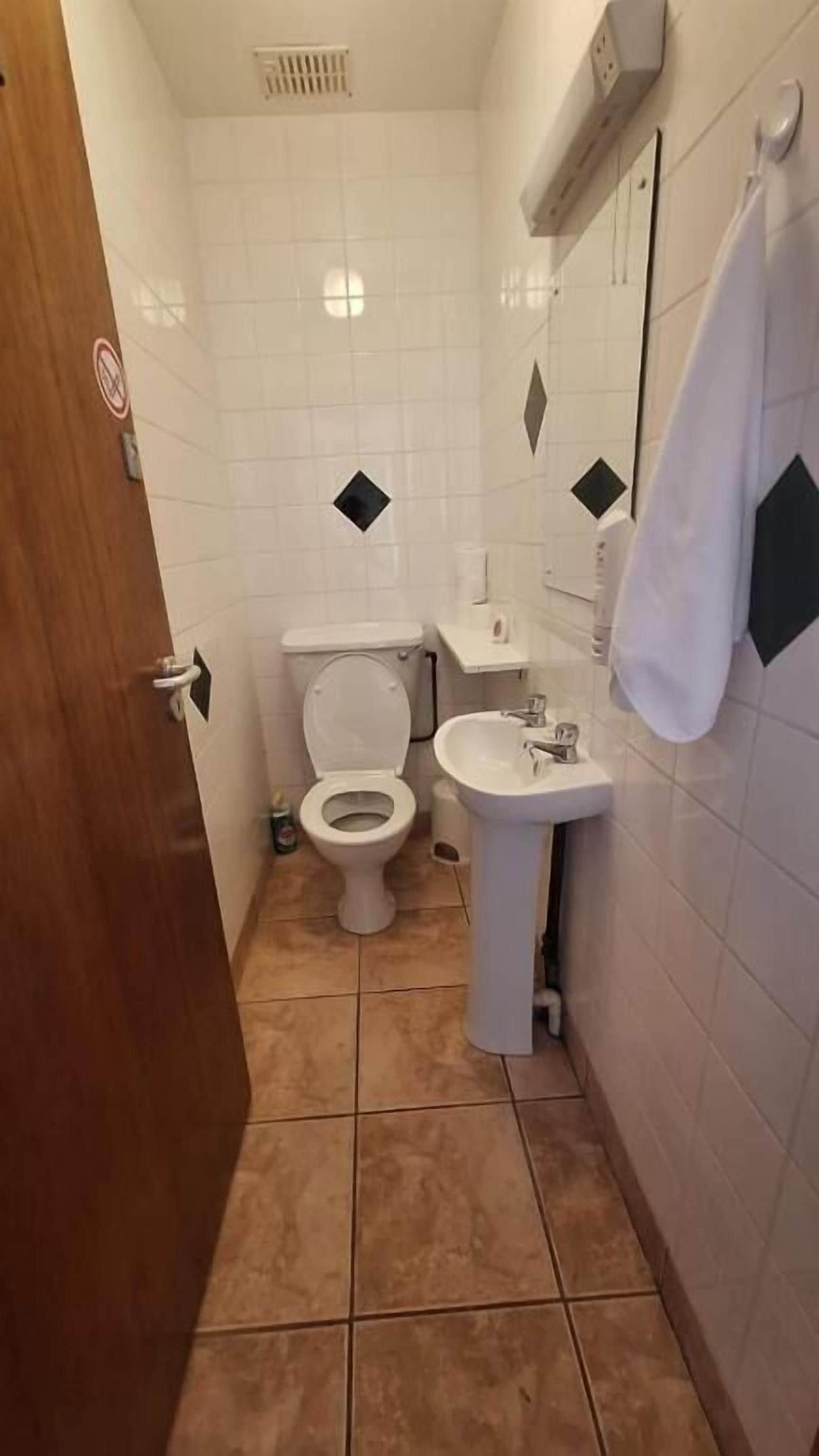 Ein kleines Badezimmer mit Toilette, Waschbecken und Spiegel.