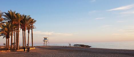 A beach with palm trees, a lifeguard tower, and a rocky shoreline.