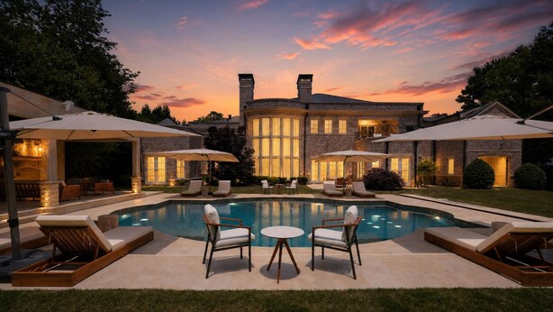 A pool area with lounge chairs and umbrellas, a stone building with large windows, and a sunset sky. - Marietta Mansion in Marietta (Marietta)