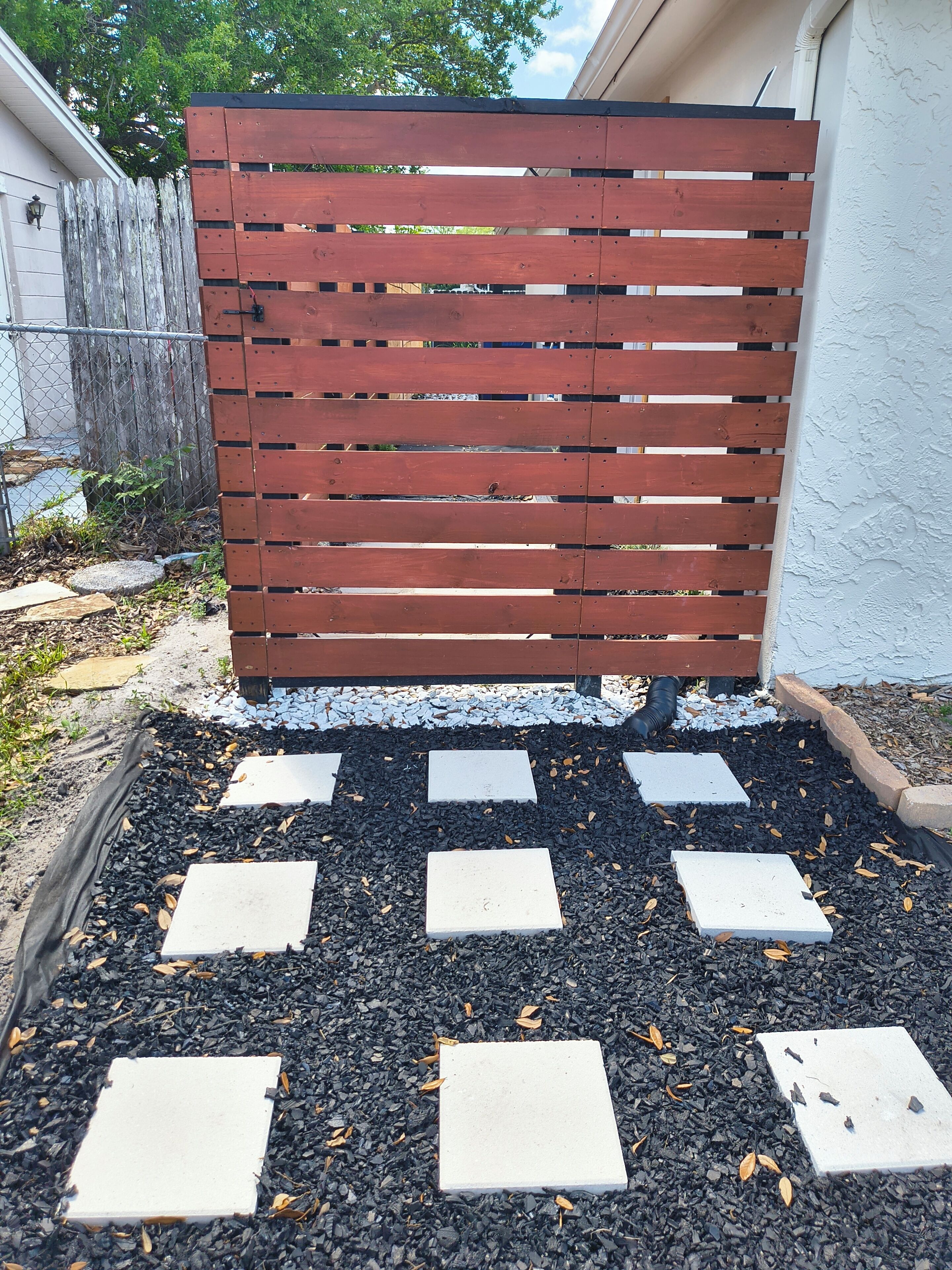 A wooden fence with a metal gate, a gravel pathway with stepping stones, and a white wall in the background.