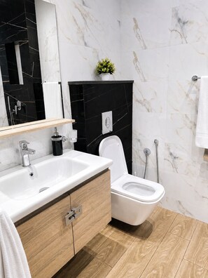 Haartrockner, Handtücher, Seife, Toilettenpapier