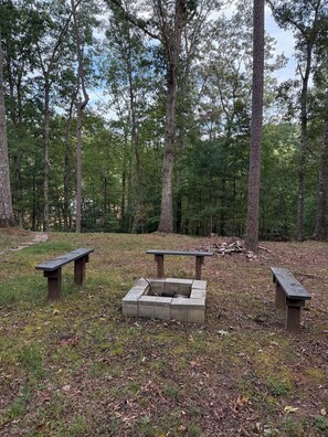 Ein bewaldetes Gebiet mit Feuerstelle, Bänken und einem Picknicktisch.