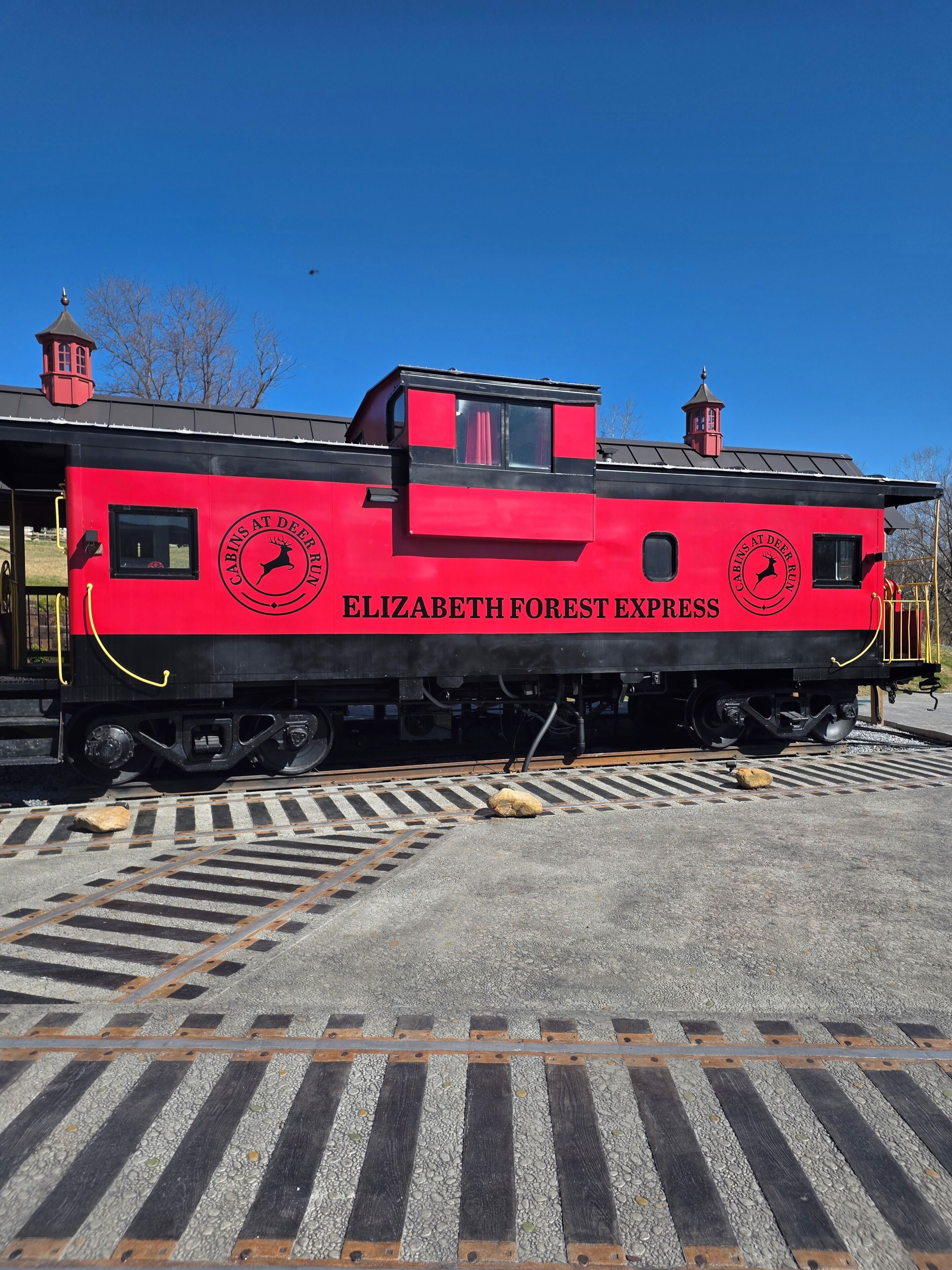Un train rouge et noir appelé «ELIZABETH FOREST EXPRESS», doté d’une cabine et d’une cheminée.