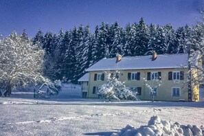 A snow-covered house with a chimney, surrounded by trees and a clear sky. - Cozy Cottage at the Forest Edge (Xonrupt-Longemer)