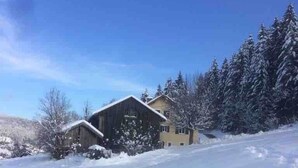 Schneebedeckte Landschaft mit einer Holzhütte und Bäumen.