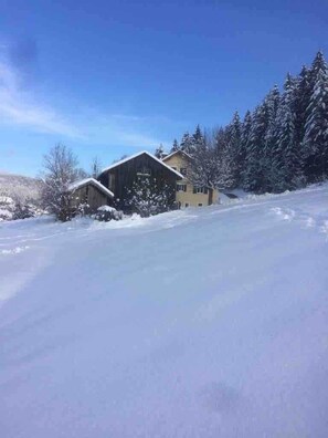 Schneebedeckte Landschaft mit einer Holzhütte und Bäumen.
