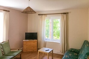A room with a television on a wooden cabinet, a small table, a green sofa, and a window with curtains. - Cozy Cottage at the Forest Edge (Xonrupt-Longemer)