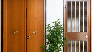 Zwei Holztüren, ein Blumentopf und ein gemustertes Teppich.