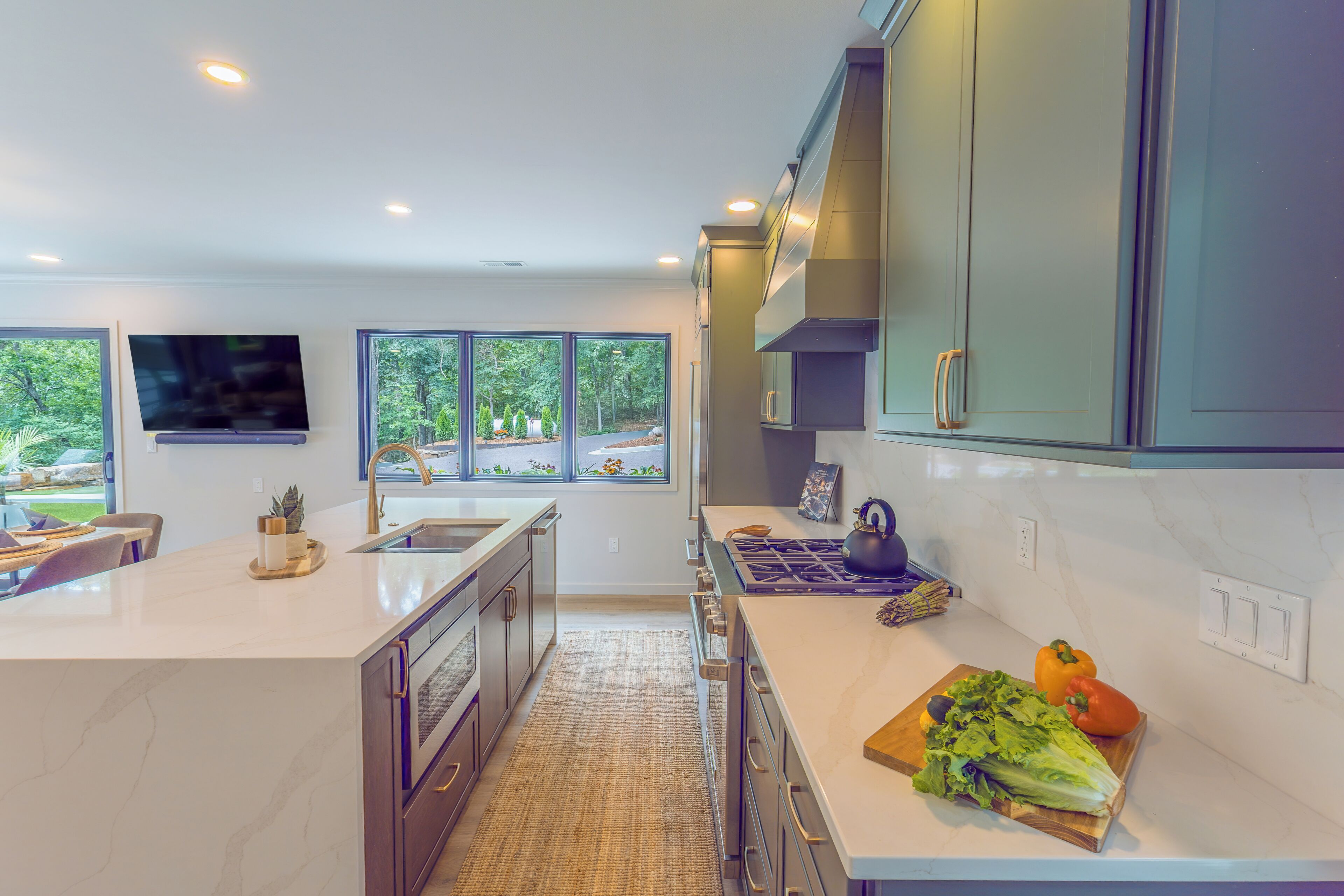 Une cuisine moderne dotée d’un grand îlot central, d’appareils électroménagers intégrés et offrant une vue sur l’extérieur.
