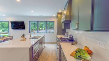 Une cuisine moderne dotée d’un grand îlot central, d’appareils électroménagers intégrés et offrant une vue sur l’extérieur.