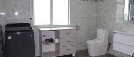 A bathroom with a toilet, a sink, a mirror, and a cabinet.
