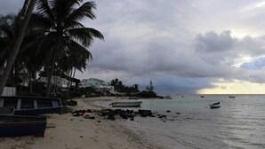 Ein Strand mit Booten, einer Palme und Häusern im Hintergrund.