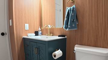 Ein Badezimmer mit Holzwand, Waschbecken mit Spiegel, Toilette und einem dunkelblauen Teppich.