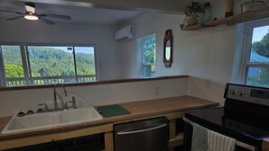 A kitchen with a sink, dishwasher, stove, and a window overlooking greenery. - Cozy 1-bedroom house with a beautiful view from the large deck (ansted)