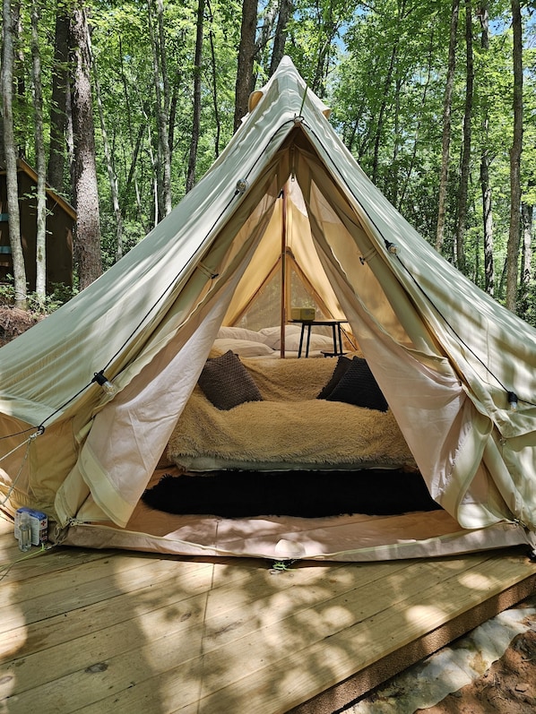 A tent with a sleeping area, a table, and a chair, set in a forest.