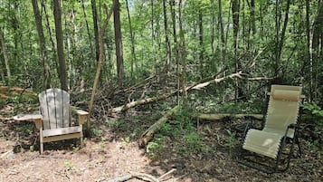 A forested area with two wooden chairs and a table, surrounded by trees and natural ground cover.