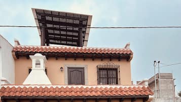 Un bâtiment avec un toit recouvert de tuiles, une porte de garage et un pot de fleurs.