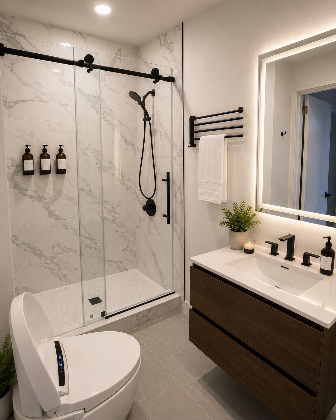 Une salle de bain moderne avec une douche en verre, des toilettes blanches, un meuble-lavabo avec un miroir et une plante en pot.