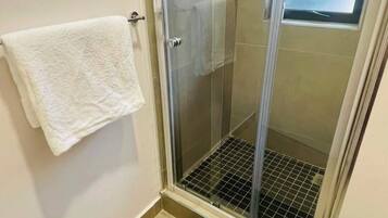 Shower, towels, soap, toilet paper