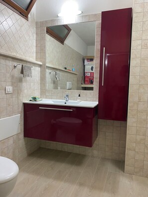 Chuveiro, secador de cabelo, bidê, toalhas de banho