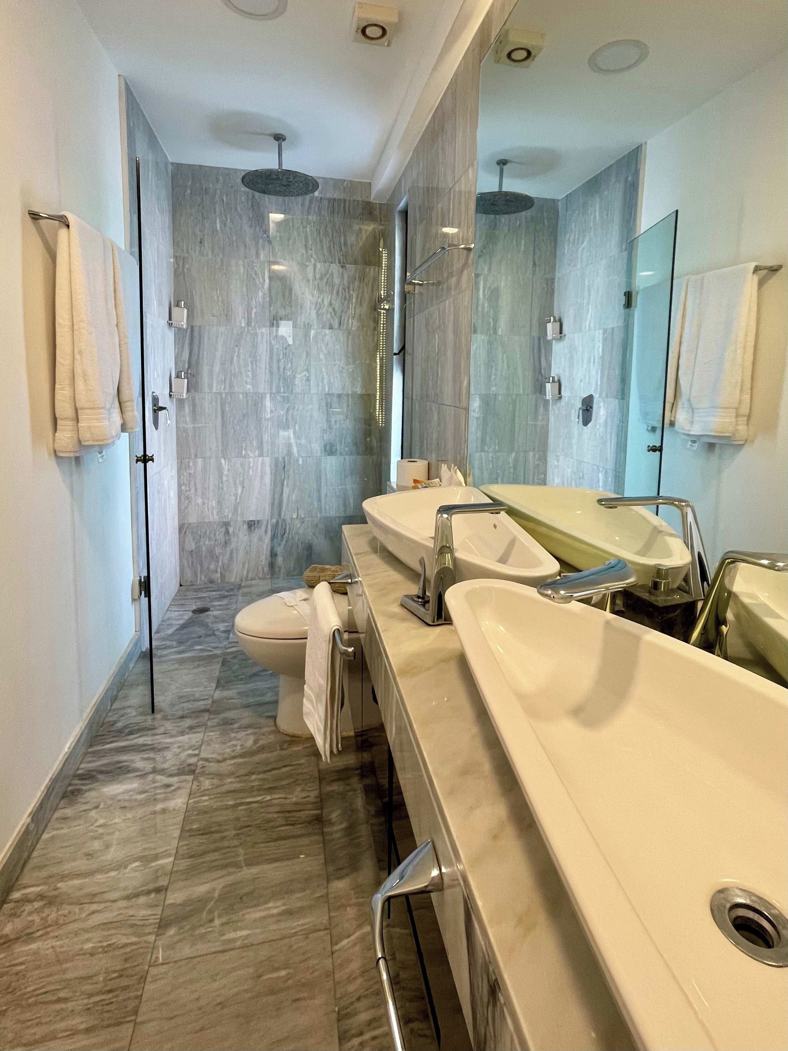 A modern bathroom with a walk-in shower, a toilet, and two sinks with mirrors.