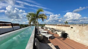 A rooftop pool with lounge chairs and a palm tree. - Black House - Stylish 3BR in Aldea Zama with Rooftop (Tulum)