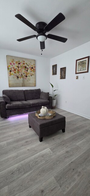 Ein modernes Wohnzimmer mit grauem Sofa, Couchtisch und einer Dekoration, Deckenventilator sowie Wandbildern.