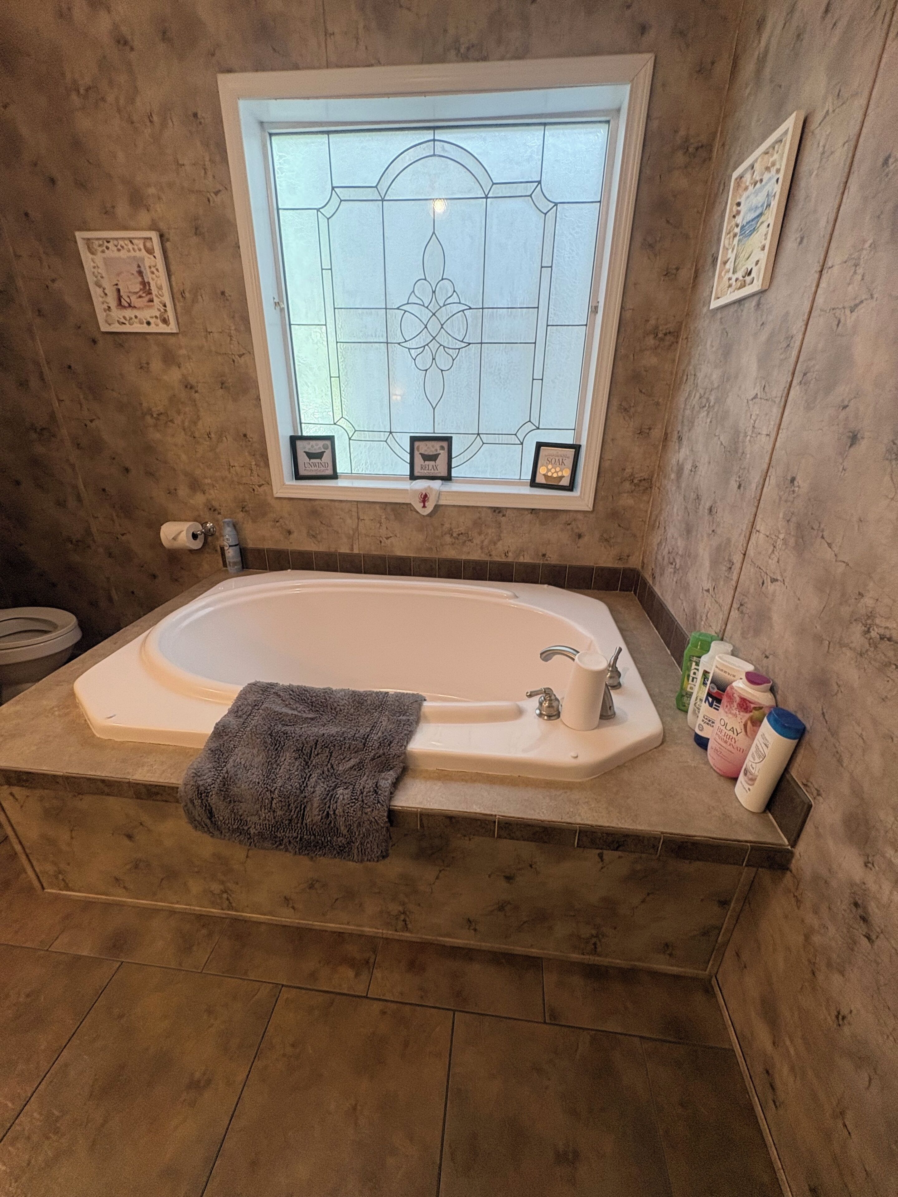 Hair dryer, towels, soap, shampoo