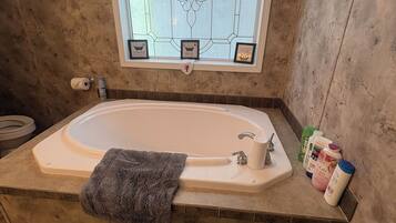Hair dryer, towels, soap, shampoo