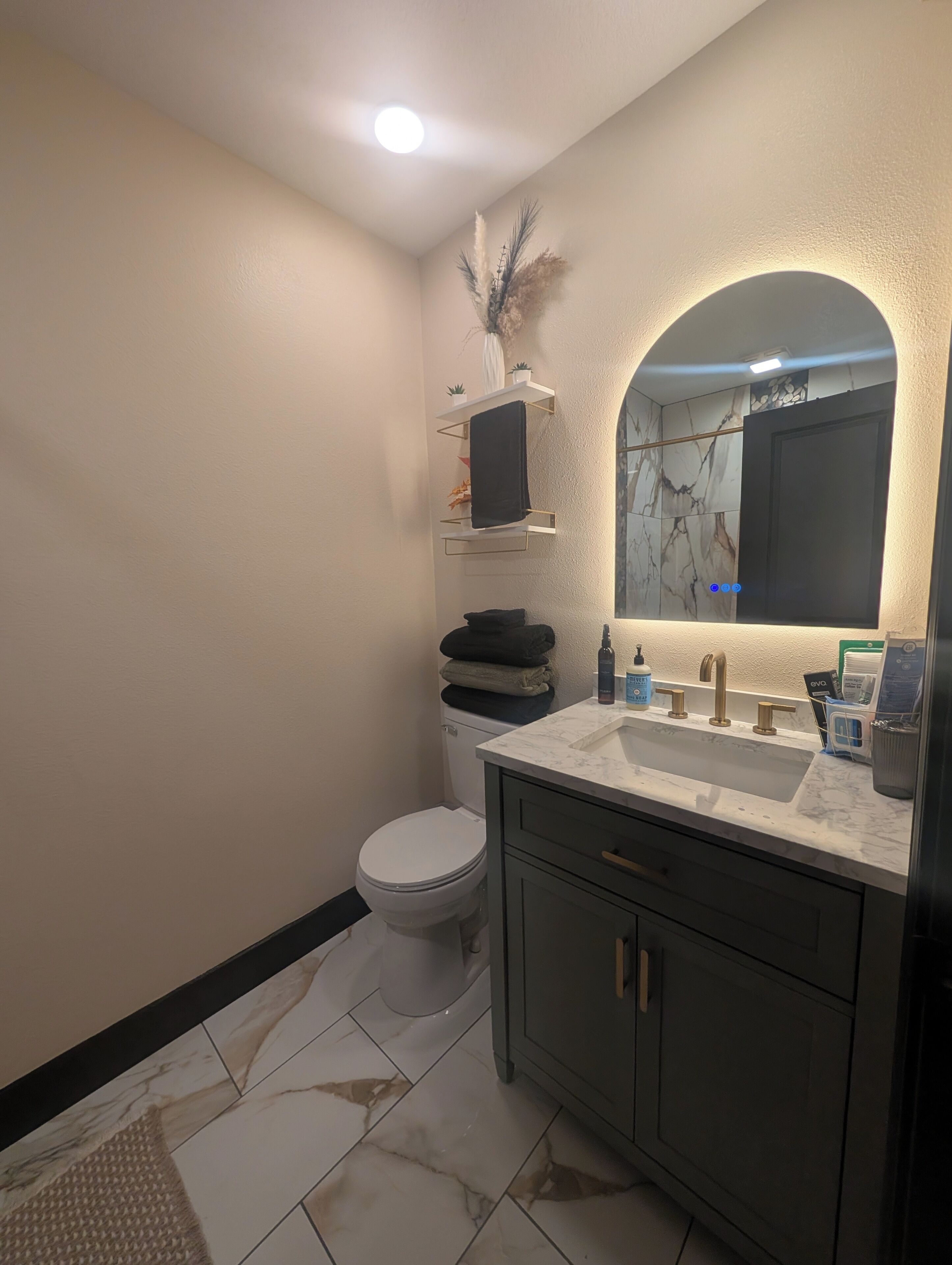 Hair dryer, towels, soap, shampoo