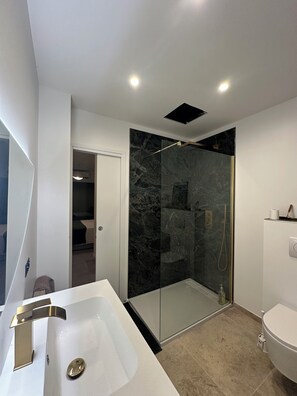 Shower, hair dryer, towels, soap - La Capte, New air-conditioned home with a Jacuzzi, within walking distance of the ocean (Hyères)