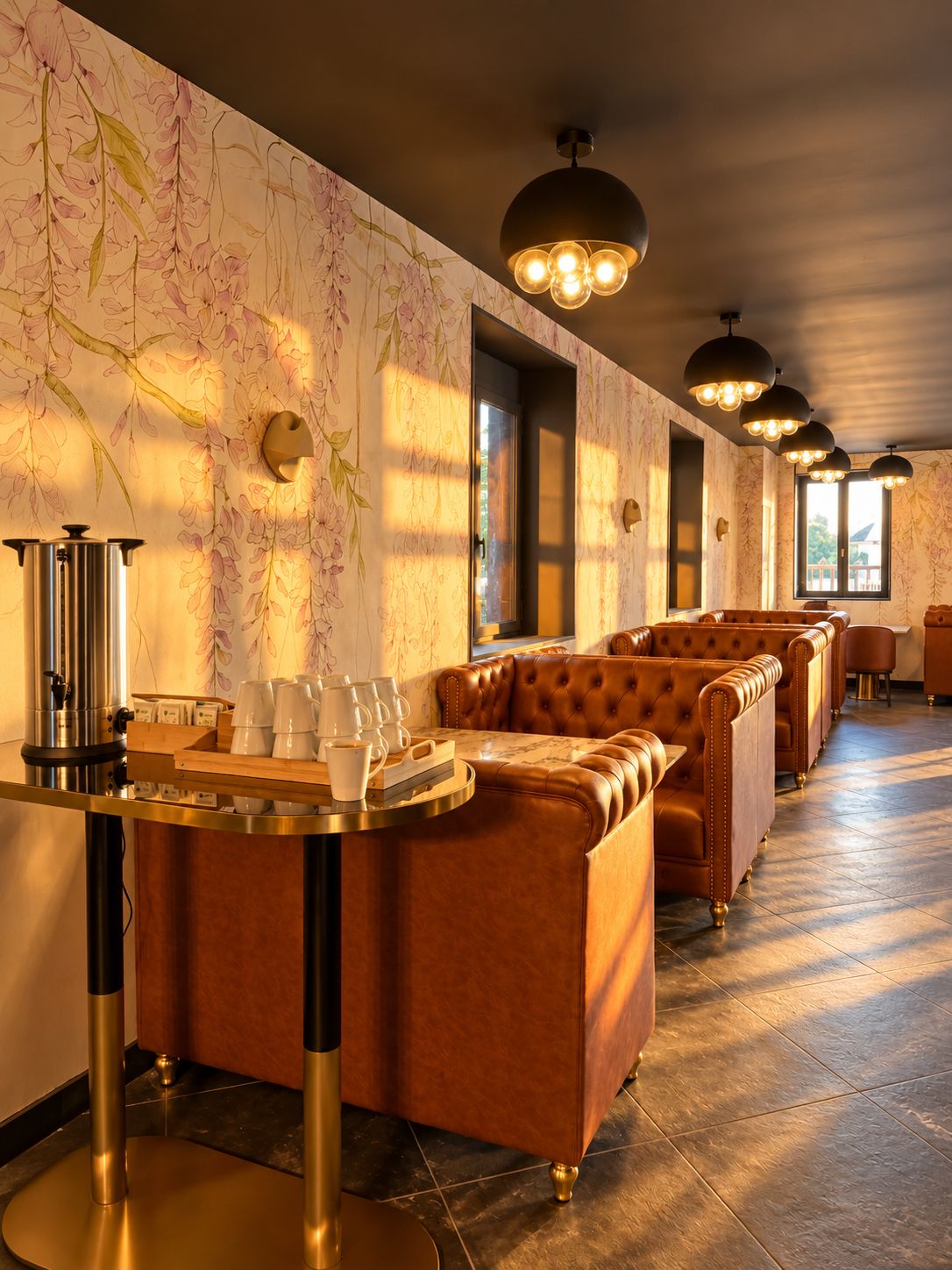 Um interior moderno com área de bar, sofás de couro e iluminação pendente.