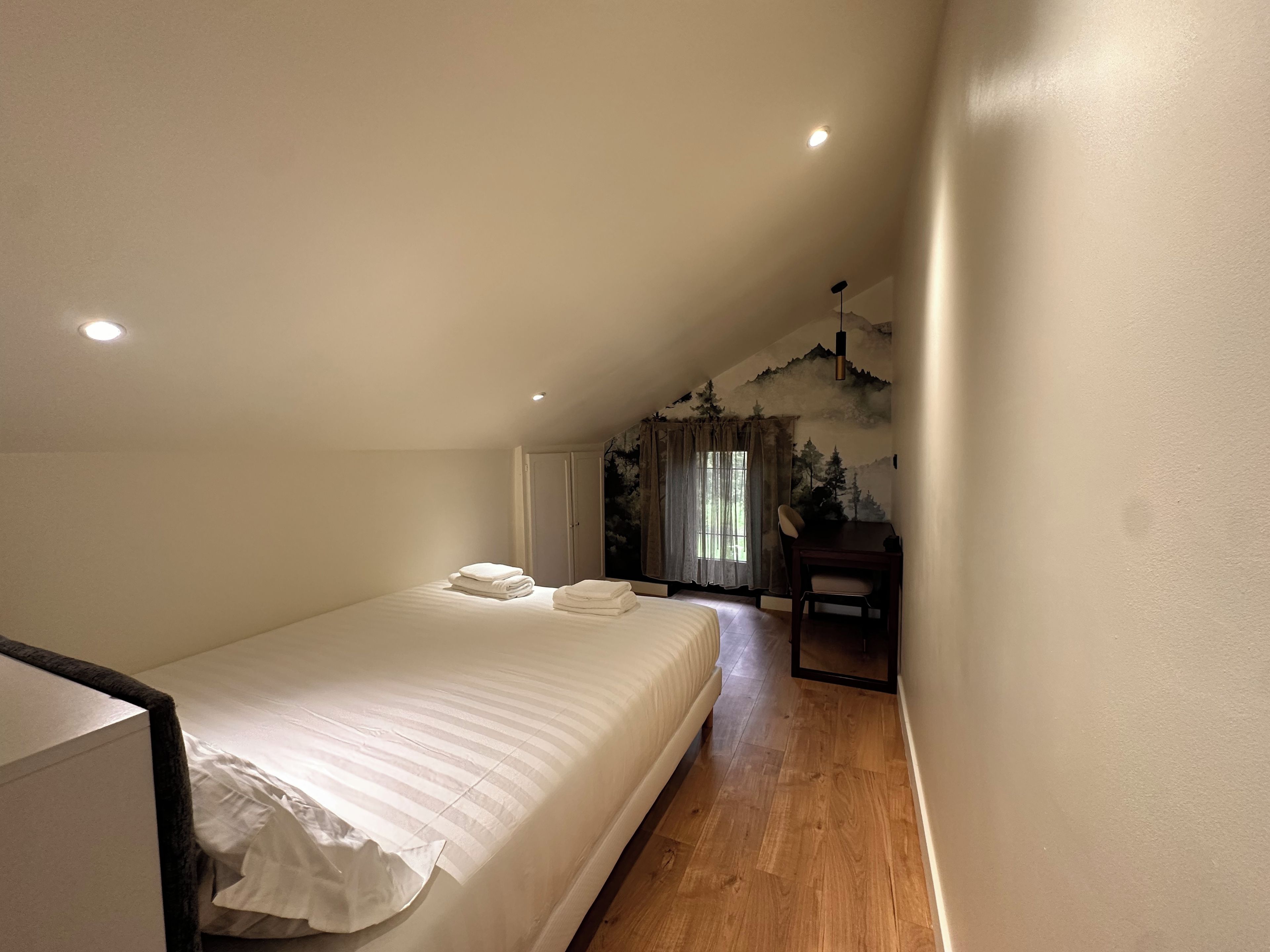 Une chambre avec un lit simple, un bureau et une chaise.