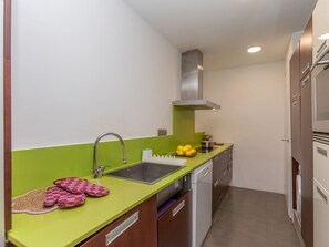 A compact kitchen with a green countertop, stainless steel sink, and a dishwasher. - Matilde by Interhome (St Antoni de Calonge)